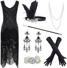 img 4 attached to Roaring 20s Flapper Gatsby Sequin Beaded Evening Cocktail Dress with Matching Accessories Set