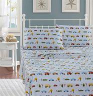 🚚 full size print sheet set for boys - luxury home collection kids bedding, includes fitted sheet, flat sheet, 2 pillow cases - city traffic cars trucks, school bus, taxis, fire truck designs in blue, yellow, red, orange logo
