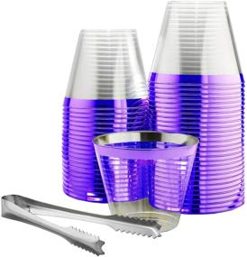 img 4 attached to 🍷 Pack of 100 Purple Rimmed Plastic Cups with Silver Ice Tong Set - 9 Ounce Disposable Wine Glasses - Plastic Cocktail Cups - Elegant Clear Plastic Cups - Purple Party Decorations - Mermaid Party Supplies