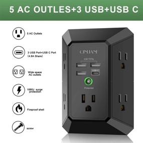 img 3 attached to 🔌 QINLIANF USB Wall Charger Surge Protector, 5 Outlet Extender with 4 USB Charging Ports (Total 4.8A), 1680J Power Strip Multi Plug Outlets Wall Adapter, Spaced for Home Travel Office - Black