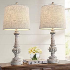 img 4 attached to 🏺 PORTRES 24.5'' Traditional Table Lamp Set of 2 - Linen Fabric Lampshade for Living Room, Bedroom, Study Room, Office - Rustic Resin Base - Bedside Nightstand Lighting for Kids