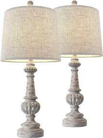 img 2 attached to 🏺 PORTRES 24.5'' Traditional Table Lamp Set of 2 - Linen Fabric Lampshade for Living Room, Bedroom, Study Room, Office - Rustic Resin Base - Bedside Nightstand Lighting for Kids