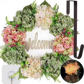 img 4 attached to 🌸 Sipull 18.5 Inch Hydrangea Wreath with Lights - Front Door Wreaths for Spring, Autumn, and Fall - Farmhouse Style Welcome Wreath - Green/Pink