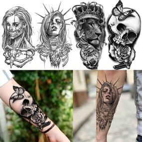 img 1 attached to 🦁 Shegazzi 62 Sheets Wolf Lion Skeleton Temporary Tattoos: Realistic 3D Tattoo Stickers for Men and Women - Perfect for Arms, Neck, and Halloween! Scary Skulls, Vampire Fake Tattoos, and More!