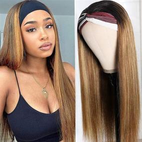 img 3 attached to Beauty Forever Ombre Highlight Headband Human Hair Wig, 1B/412 Silk Straight Machine-Made Glueless Wig for Women, Brazilian Remy Hair, Wear and Go, 150% Density, 16-inch