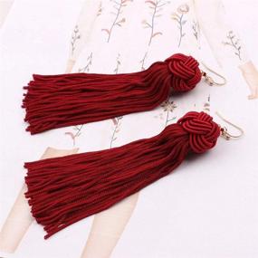 img 2 attached to 🎀 Exquisite Bohemian Knot Tassel Dangle Earrings: Stylish Long Silky Thread Fringe Drops - Perfect Gift for Women and Girls