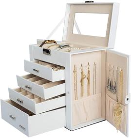 img 4 attached to 🎁 Homde Synthetic Leather Huge Jewelry Box: Mirrored Watch Organizer & Necklace Ring Earring Storage (White) - Lockable Gift Case