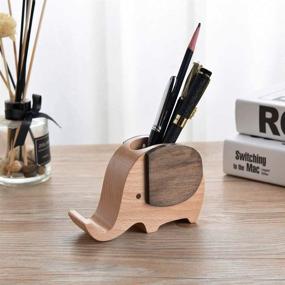 img 3 attached to IEIK Elephant Pen Holder With Wooden Phone Holder Pen Cup Organizer For Home And Office Decoration (5