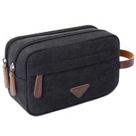 🎒 canvas leather mens travel toiletry bag - cosmetic makeup organizer shaving dopp kits with double compartments (black) logo