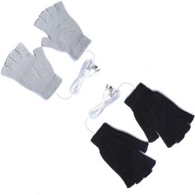 img 4 attached to 🧤 Подогреваемые USB-перчатки для мужчин и женщин - 2 пары, узор с полосками, без пальцев, вязаная шерсть, питание USB 2.0, стирка, зимний подарок (черный и серый)