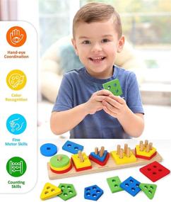 img 1 attached to 🧩 Coogam Wooden Sorting Stacking Shape Color Recognition Blocks Matching Puzzle Stacker Montessori Geometric Board Educational Toy for Boys and Girls, Ages 1-5