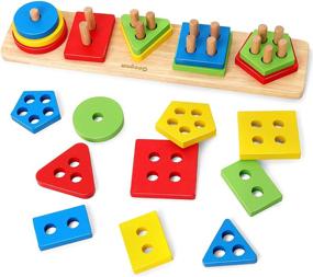 img 4 attached to 🧩 Coogam Wooden Sorting Stacking Shape Color Recognition Blocks Matching Puzzle Stacker Montessori Geometric Board Educational Toy for Boys and Girls, Ages 1-5