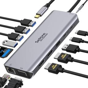 img 4 attached to 🔌 14-in-1 USB C Docking Station Dual Monitor with Triple Display: 2 HDMI & VGA, 4K Resolution, 3 USB 3.0 & 2 USB 2.0 Ports, Gigabit Ethernet, 100W PD Charging, SD/TF Card Reader, Type-C Data Transfer, 3.5mm Audio