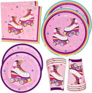 🛼 roller skating party supplies tableware set - 24 disposable dinner plates (9"), 24 plates (7"), 24 cups (9 oz), and 50 lunch napkins - perfect for girls, teens, retro themed roller skate birthday party decorations logo