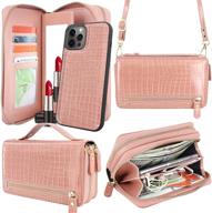 👜 harryshell iphone 12 pro max 6.7" case wallet | multi-zipper, detachable magnetic cover | clutch purse bag with card slots, mirror | crossbody chain & wrist strap | crocodile skin rose gold logo