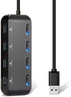 ultra slim usb hub splitter 4 port 3.0 - powered multiport high speed usb 3.0 hub adapter, 6 in cable, individual on/off switches, blue led indicator - ideal for laptop, macbook pro, pc, ipad logo