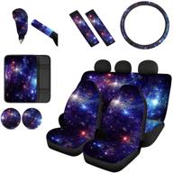 🚀 full set of 12pcs renewold galaxy space car seat covers with steering wheel cover, gear shift knob cover, car handbrake cover, seat belt shoulder pads, car coaster, and armrest pad cover - front rear set logo