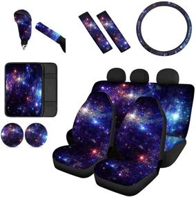 img 4 attached to 🚀 Full Set of 12pcs Renewold Galaxy Space Car Seat Covers with Steering Wheel Cover, Gear Shift Knob Cover, Car Handbrake Cover, Seat Belt Shoulder Pads, Car Coaster, and Armrest Pad Cover - Front Rear Set
