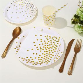 img 1 attached to 🍽️ Gexolenu White and Gold Paper Plates - 50 Sets, Gold Foil Dot Disposable Party Supplies, includes Paper Plates, Napkins, Cups, Straws, Plastic Forks, Knives, and Spoons for Birthday, Wedding