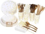 🍽️ gexolenu white and gold paper plates - 50 sets, gold foil dot disposable party supplies, includes paper plates, napkins, cups, straws, plastic forks, knives, and spoons for birthday, wedding logo