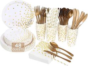 img 4 attached to 🍽️ Gexolenu White and Gold Paper Plates - 50 Sets, Gold Foil Dot Disposable Party Supplies, includes Paper Plates, Napkins, Cups, Straws, Plastic Forks, Knives, and Spoons for Birthday, Wedding