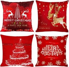 img 4 attached to Set of 4 Christmas Pillow Covers, Red Xmas Cushion Covers - 18 x18 inch, Christmas Cotton Linen Square Decorative Throw Pillowcases for Sofa, Bed, Couch