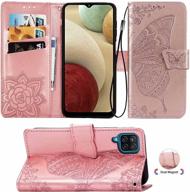 🦋 cmeka galaxy a12 wallet case for women - magnetic leather case with 3d butterfly card slots, kickstand, wrist strap - soft tpu protection flip cover in rose gold for samsung galaxy a12 phone logo