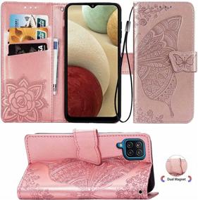 img 4 attached to 🦋 CMeka Galaxy A12 Wallet Case for Women - Magnetic Leather Case with 3D Butterfly Card Slots, Kickstand, Wrist Strap - Soft TPU Protection Flip Cover in Rose Gold for Samsung Galaxy A12 Phone