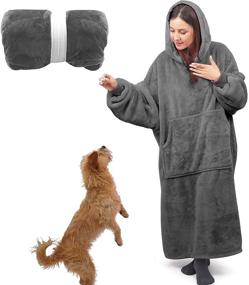 img 4 attached to 🧥 Wearable Blanket Hoodie for Women and Men - Super Cozy and Lengthened Oversized Blanket with Sleeves, Giant Pocket - Dark Gray