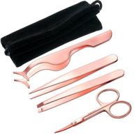 🌹 rose gold eyelash applicator tool set - jovitec slant tip hair tweezers, eyebrow tweezers, scissors, 4-piece kit with black velvet bag logo