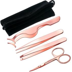 img 4 attached to 🌹 Rose Gold Eyelash Applicator Tool Set - Jovitec Slant Tip Hair Tweezers, Eyebrow Tweezers, Scissors, 4-Piece Kit with Black Velvet Bag