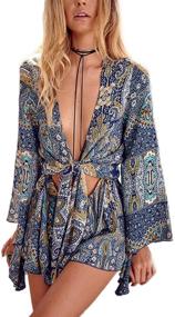 img 4 attached to 👗 AELSON Boho V Neck Print Romper Playsuit with Long Flare Sleeves for Women
