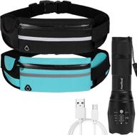 ameriluck neoprene fanny pack x 2 + 1 rechargeable led flashlight kit, reflective running waist bag for hiking, biking, walking, shopping, fishing - black+blue logo