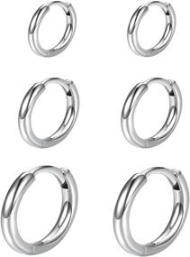 img 3 attached to 💍 Sterling Silver Hoop Earrings Set - Cubic Zirconia Cuff, 3 Pairs of Small Cartilage Hoops for Women, Men, and Girls (8mm/10mm/12mm)