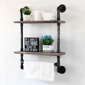 img 2 attached to 🏞️ Rustic Wood Industrial Pipe Shelf for Bathroom, 19.6in Wall Mounted Shelves with Towel Bar, 2 Tier Farmhouse Towel Rack Over Toilet, Floating Pipe Shelving for Towel Holder, Retro Grey