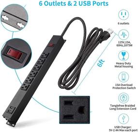 img 3 attached to ⚡ Black Power Strip Surge Protector with Switch, 6 Outlets and 2 USB Ports (2.4A/1875W), 6ft Braided Extension Cord, 300J Overload Protection, for Home Office Workshop