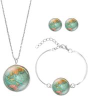 🌍 exquisite meiligo retro world map necklace bracelet earring set: personalized jewelry with globe signs and circular tag pendants logo