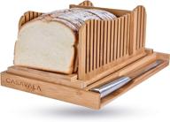 🥖 bamboo bread slicer: easy-to-use foldable machine for perfectly sliced loaves, with crumbs tray, adjustable sizes, sharp knife, and storage bag logo