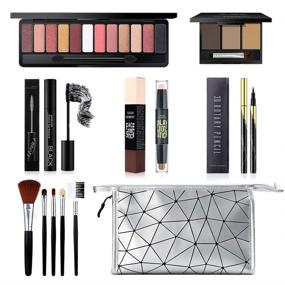 img 4 attached to 👁️ Complete Makeup Set with 12 Colors Eyeshadow Palette, 5PCS Brush Set, Eyebrow Powder, Waterproof Eyeliner & Mascara, Contour Stick & Cosmetic Bag