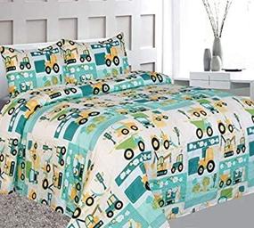 img 2 attached to 🚗 Elegant Home Fun 3 Piece Twin Size Sheet Set with Cars and Trucks Design - Green, Beige, Yellow and Teal - Includes Pillowcases and Fitted/Flat Sheets - Perfect for Boys/Kids Bedroom Décor (Car Twin)