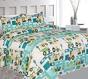 img 1 attached to 🚗 Elegant Home Fun 3 Piece Twin Size Sheet Set with Cars and Trucks Design - Green, Beige, Yellow and Teal - Includes Pillowcases and Fitted/Flat Sheets - Perfect for Boys/Kids Bedroom Décor (Car Twin)