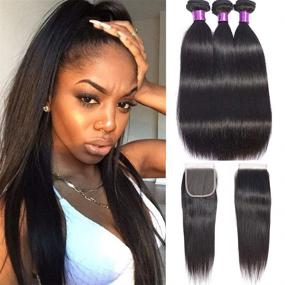 img 4 attached to 🏻 Brazilian Straight Human Hair Bundles with Closure - 3 Bundles of 100% Unprocessed Virgin Remy Hair Weave, Natural Color, No Smell - Lengths: 20", 22", 22" + 18