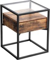 industrial rustic brown and black side table with drawer and shelf, tempered glass end table for living room decor, stable steel frame - vasagle ulet04bxv1 logo