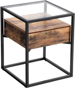 img 2 attached to Industrial Rustic Brown and Black Side Table with Drawer and Shelf, Tempered Glass End Table for Living Room Decor, Stable Steel Frame - VASAGLE ULET04BXV1