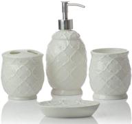 modern 4-piece ceramic bathroom accessory set – includes soap/lotion dispenser, toothbrush holder, tumbler, and soap dish – decorative vanity accessories with embossed details logo