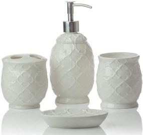 img 4 attached to Modern 4-Piece Ceramic Bathroom Accessory Set – Includes Soap/Lotion Dispenser, Toothbrush Holder, Tumbler, and Soap Dish – Decorative Vanity Accessories with Embossed Details