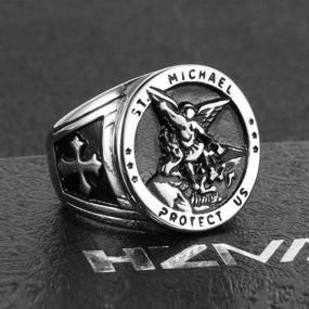 img 3 attached to HZMAN St. Michael San Miguel Archangel Stainless Steel Amulet Ring - The Great Protector Defeating Satan Figurine
