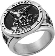 hzman st. michael san miguel archangel stainless steel amulet ring - the great protector defeating satan figurine logo