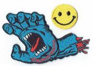 speedwheels santa cruz screaming hand skateboard applique embroidered iron on patches (wappen, ワッペン, 패치) with yellow tiny smiley patch set - by patch cube logo