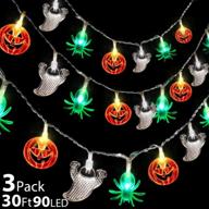 🎃 3 pack halloween lights - 30ft 90 led spider pumpkin ghost indoor/outdoor decorations - exclusive scary halloween string lights - battery operated (30led 10ft each) logo